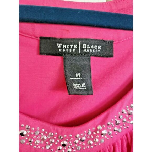 White House Black Market Med Top Dark Pink Bead Embellish Tank Stretch Rusched - Picture 4 of 6